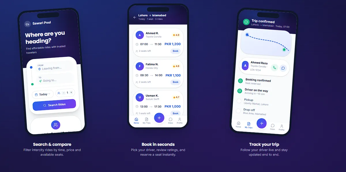 SawariPool mobile app screens